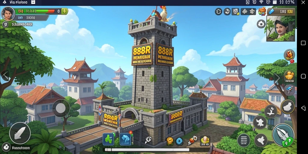 Gameplay seru dalam Tower Defense 888R dengan menara yang bervariasi.