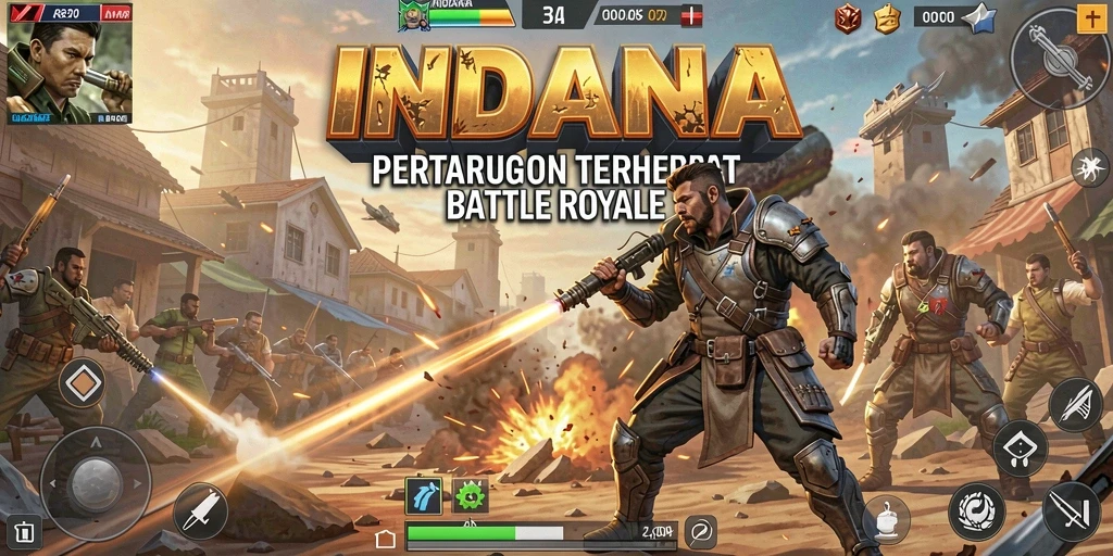 Tangkapan layar utama INDAAA menampilkan aksi seru dalam pertempuran Battle Royale.
