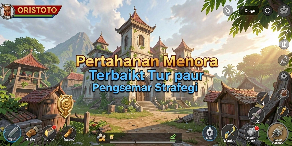 Screenshot gameplay ORISTOTO yang menampilkan aksi pertahanan menara.