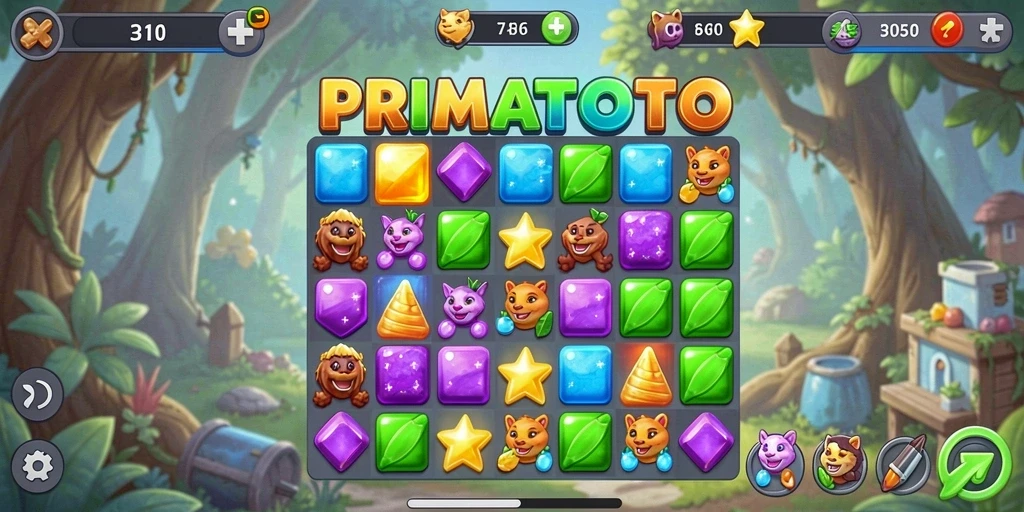 Tampilan gameplay seru dari PRIMATOTO dengan kombinasi elemen yang menarik.