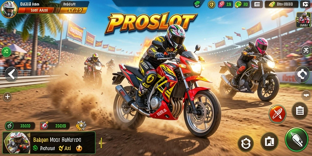 Tampilan gameplay seru di PROSLOT dengan balapan motor menegangkan.
