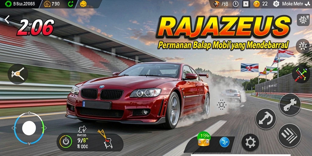 Tampilan gameplay RAJAZEUS yang menegangkan dalam balap mobil.