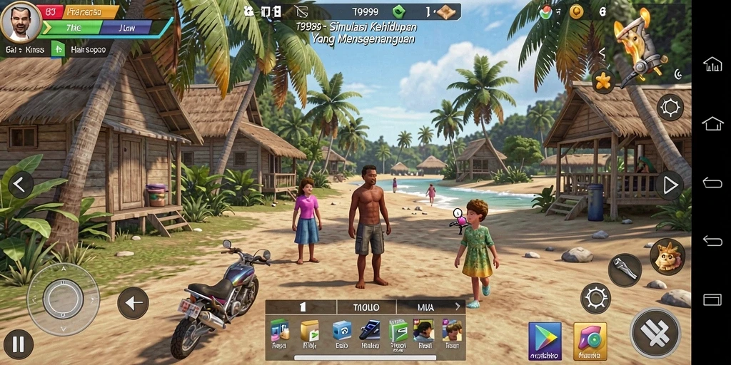 Screenshot utama T9999 menunjukkan gameplay simulasi kehidupan yang interaktif.
