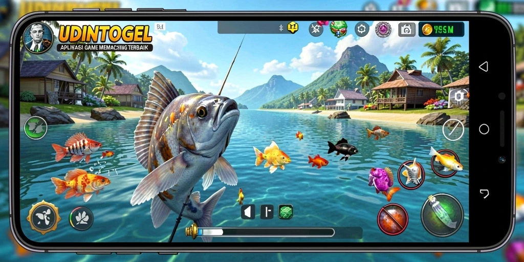Screenshot menyenangkan dari gameplay <strong>UDINTOGEL</strong> dengan pengalaman memancing yang seru.