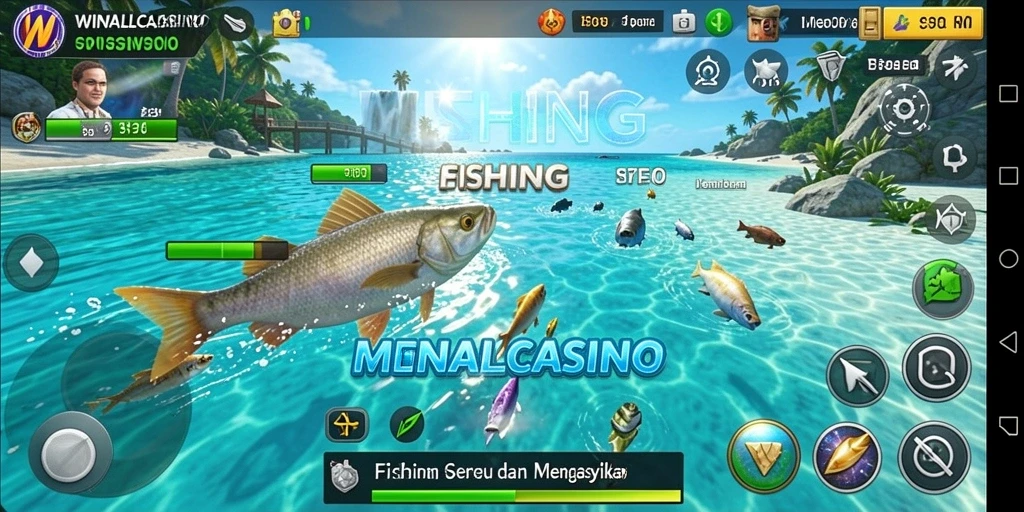 Screenshot gameplay WINALLCASINO menampilkan aksi memancing yang mendebarkan.